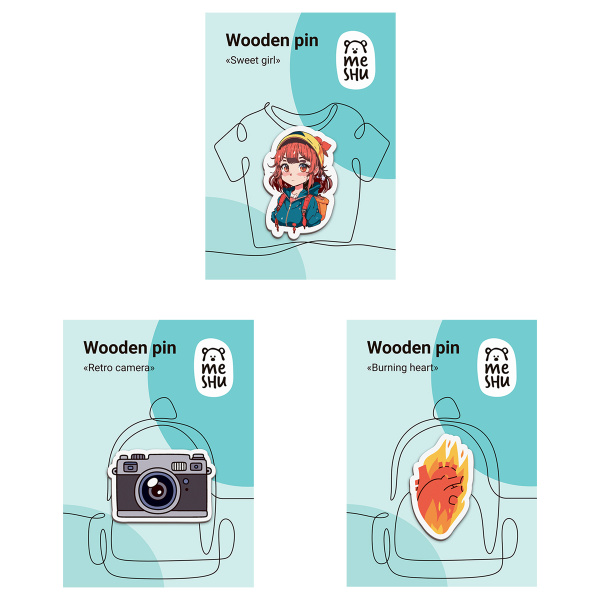 Набор деревянных значков MESHU "Burning heart" 3шт. MS_54874