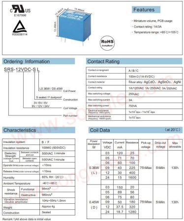 Реле электромагнитное DC 12в,  1а, SPDT, 15.7*10.6*12.4мм, Songle (4100) SRS-12VDC-SL
