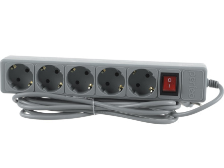 Сетевой фильтр  3.0м, 5 розеток Perfeo, POWER+, 10А, 2300Вт, с выключателем, с предохранителем, серый (PF-PP-5/3,0-G)