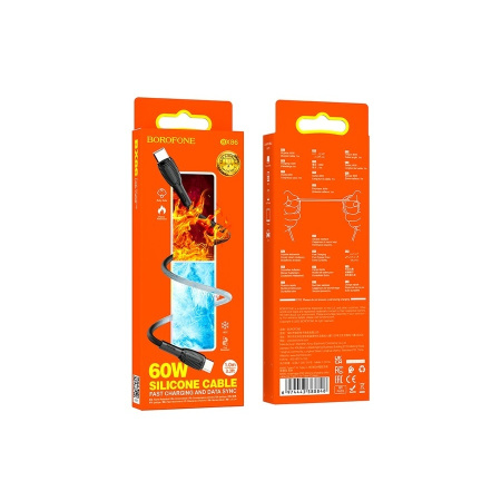 Кабель USB Type-C (m) - USB Type-C (m) BOROFONE BX86 1м ,60W, черный, силиконовый