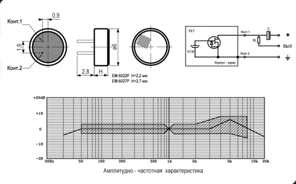 Микрофон электретный  6*2.7мм, на плату, 4.5в, 38..46дБ, всенаправленный, EM-6027P