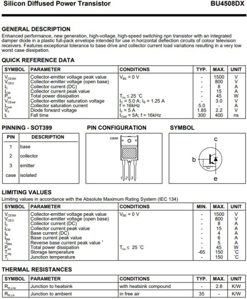 транзистор BJT BU4508DX 800V 8A NPN SOT399 45W