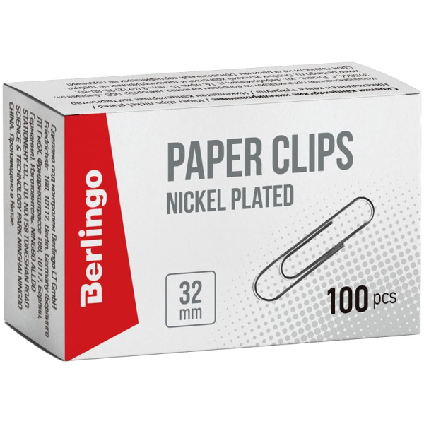 Скрепки 32мм. BERLINGO 100шт., никель (BK2512)