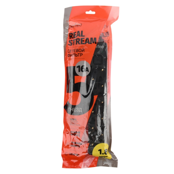 Сетевой фильтр  1.8м, 5 розеток Perfeo, REAL STREAM, 16А, 3500Вт, с выключателем, тройная защита, черный