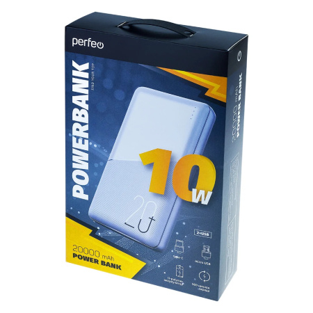 Аккумулятор внешний 20000_mAh Perfeo Powerbank + In Micro usb+Type-C /Out USB 1 А, 2.1A /White