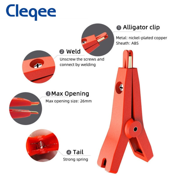 Зажимы крокодил Кельвина 51мм, 10а, пара красный+черный, Cleqee P2005
