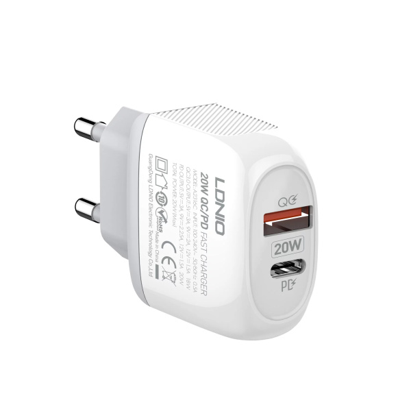Зарядное_устройство - USBx2 LDNIO A2316C + Кабель Type-C-Lightning/ PD+QC 3.0/ Auto-ID/Выход: 5V_9V_