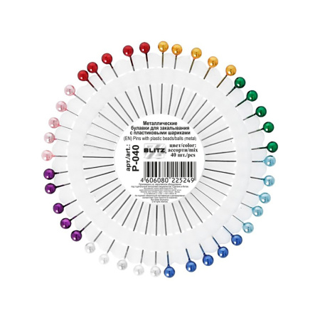 Иглы для закалывания "BLITZ" P-040 "ромашка" сталь 40 шт 33 мм в пластиковой упаковке ассорти
