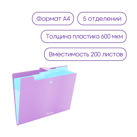 Папка-конверт на кнопке А4 600мкм. BERLINGO "Haze", 5 отдел., сиреневая XF4_05924
