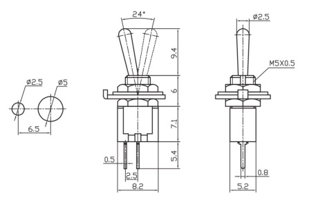 Переключатель тумблерный ON-OFF, SPST, 8.2*5.2мм М5, AC 250в, 1а, SMTS-101-A2