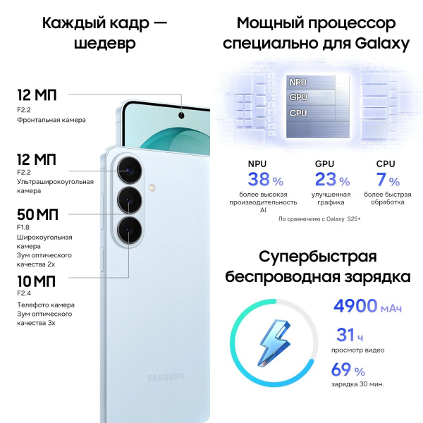 Смартфон Samsung SM-S947B Galaxy S26+ 512Gb 12Gb голубой моноблок 3G 4G 2Sim 6.7" 1440x3120 Android 16 50Mpix 802.11 a/b/g/n/ac/ax/be NFC GPS GSM900/1800 GSM1900 Protect