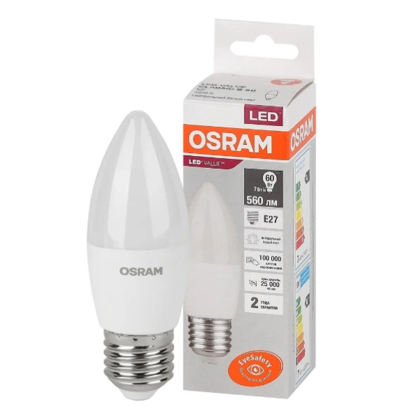 Лампа светодиодная E27 7Вт 4000K C37 свеча Value OSRAM 4058075579477