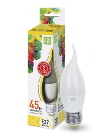 Лампа светодиодная E27 ASD LED-СВЕЧА НА ВЕТРУ 5Вт, 220В, 3000К, 450лм