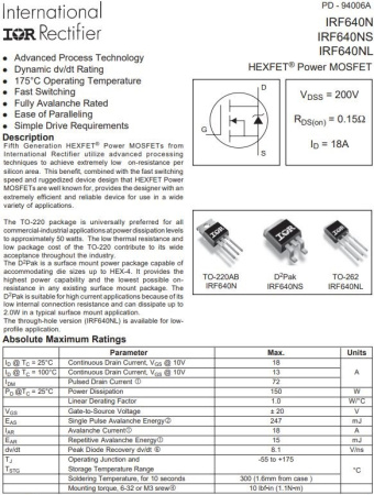 транзистор FET IRF640NPBF Infineon 200V 18A N-Ch 0.15ohm TO220