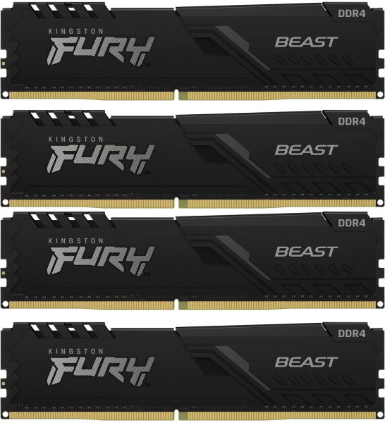 Память оперативная/ Kingston 64GB 3200MT/s DDR4 CL16 DIMM (Kit of 4) 1Gx8 FURY Beast Black