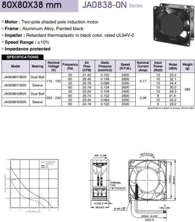 Вентилятор  80*80*38мм, 220в, 0.08а, 37.8м3/ч, 26.3дБ(А), качения, JA0838H2B0N-L