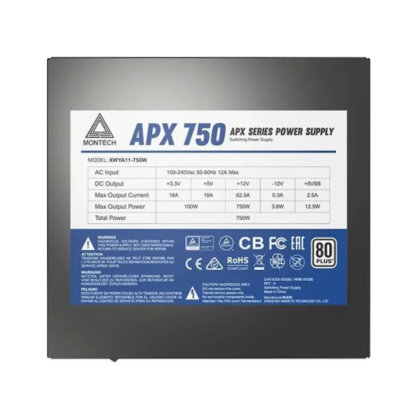 Блок питания 750Вт Montech APX 750W (ATX 2.43,APFC,120мм,4PCI-E,6SATA,80+Standard)[XWYA11-750W]