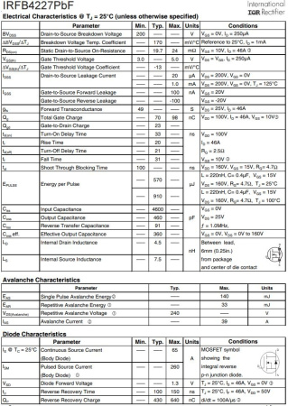 транзистор FET IRFB4227 200V 65A N-Ch 19.7mohm 330W TO220