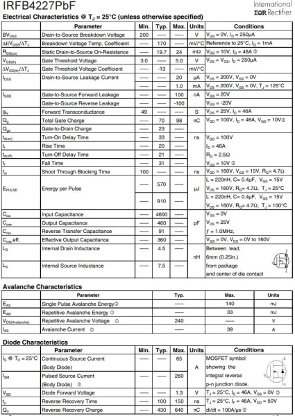 транзистор FET IRFB4227 200V 65A N-Ch 19.7mohm 330W TO220