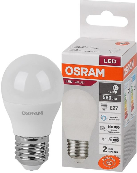 Лампа светодиодная E27 7Вт 6500K G45 шар Value OSRAM 4058075579866 