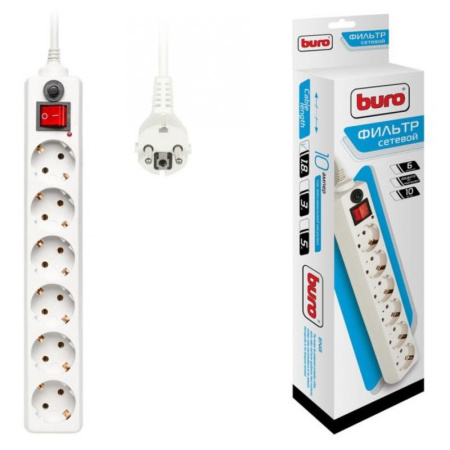 Сетевой фильтр  1.8м, 6 розеток Buro, 600SH-1.8-W, 10А, 2200Вт, с выключателем, белый, коробка