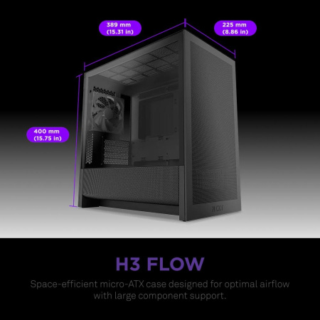 Корпус без блока питания/ Case NZXT H3 Flow (2025), Midi-Tower, TG, 1x120mm, 1xUSB-A 3.2 + 1xUSB-C 3.2, mATX, mITX Black