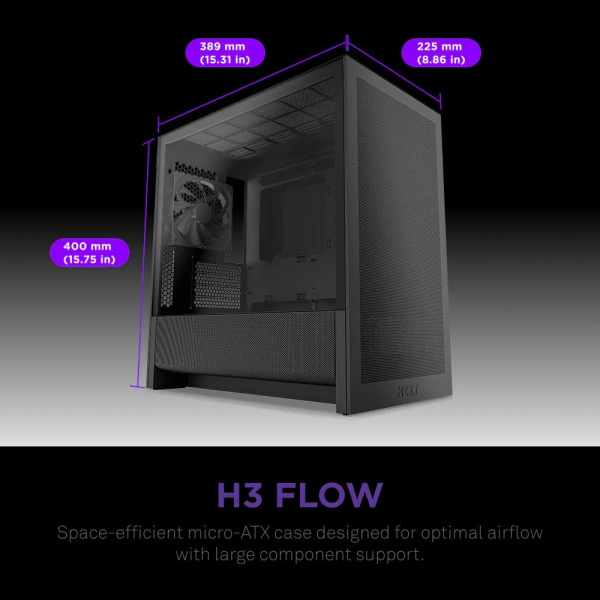 Корпус без блока питания/ Case NZXT H3 Flow (2025), Midi-Tower, TG, 1x120mm, 1xUSB-A 3.2 + 1xUSB-C 3.2, mATX, mITX Black