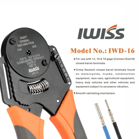 Кримпер Iwiss IWD-16, 1.0..2.5кв.мм, для клемм серии DT, DTM, DTP Deutsch с круглым обжатием