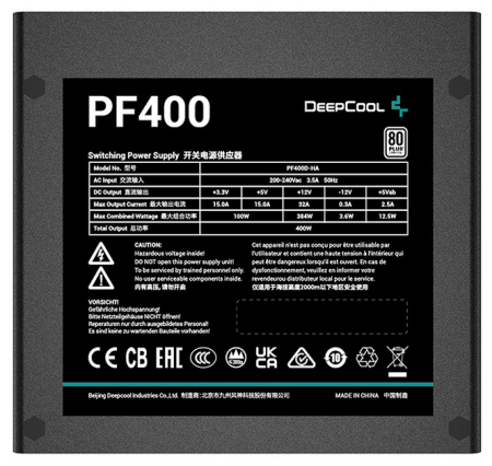 Блок питания 400Вт Deepcool PF400 80+ (APFC,120мм,2PCI-E,6SATA,80+)[R-PF400D-HA0B-EU]