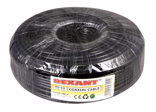 Кабель коаксиальный 75Ом, OD6.8мм, внеш., PE CCS/Al/Al 64%, бухта 100м, Rexant RG-6U 01-2202