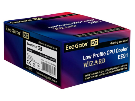 Кулер S115х/775/1200/1700/1851/AMx ExeGate Wizard EE91-BLUE (75W/90mm/2200rpm/Al/Blue Led)