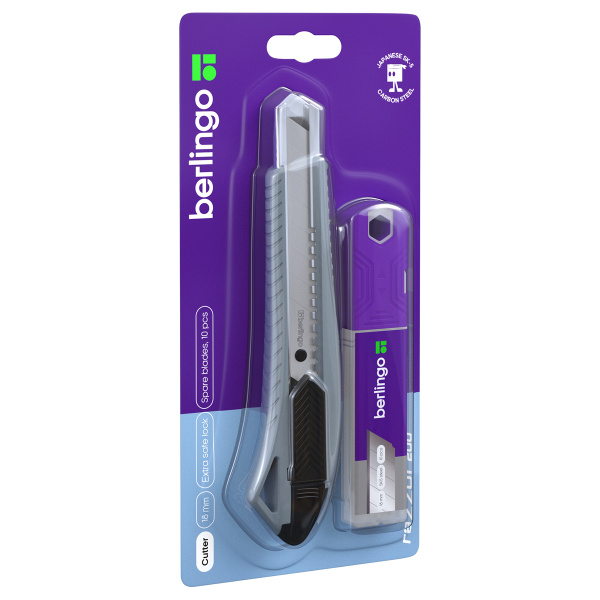 Нож 18мм. BERLINGO "Razzor 200", серый +10 лезвий, auto-lock (BM4130_2d)