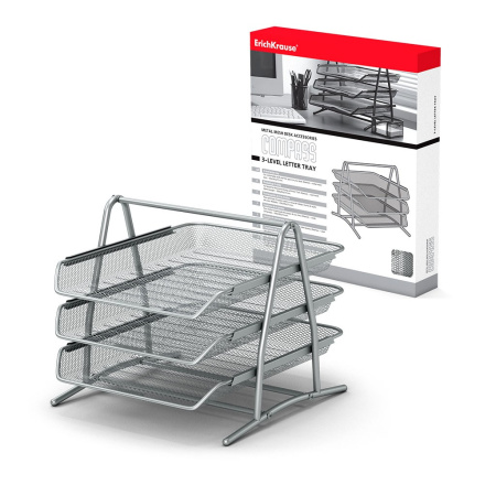 Лоток горизонтальный Erich Krause 3-х секционный металлический, серый (22514)