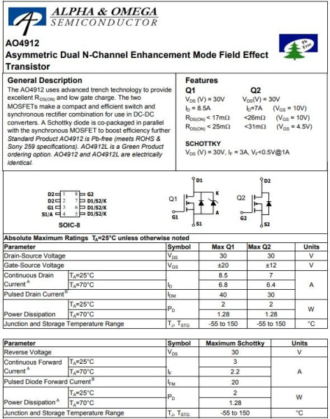 транзистор FET AO4912, 30V, 8.5A+7A, Asymmetric Dual N-ch, 2W+2W, 17mOhom+26mOhm, SO8