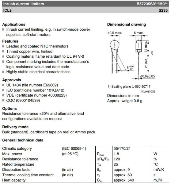 Термистор NTC     10ом,  3а, 9.5мм, 20%, TDK (Epcos) B57235S0