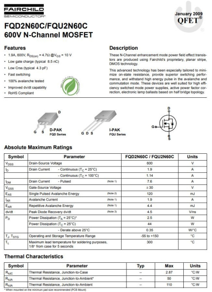 транзистор FET FQD2N60C 600V 1.9A N-Ch 4.7ohm TO252 DPak