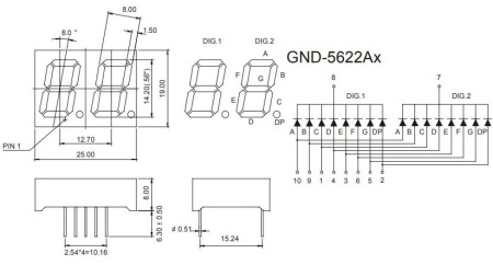 Индикатор цифровой, 2разряда, 25*19мм, 8.8., 7сегментный, CC, 10пин, красный, GND-5622AS-21