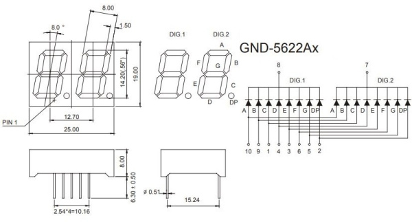 Индикатор цифровой, 2разряда, 25*19мм, 8.8., 7сегментный, CC, 10пин, красный, GND-5622AS-21