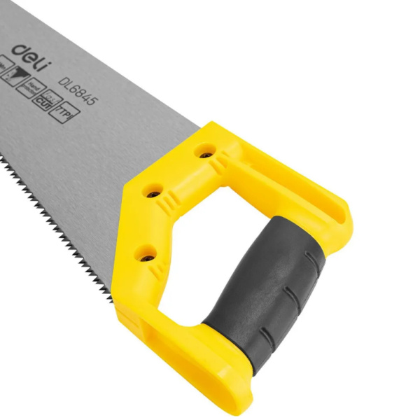 Ножовка по дереву Deli DL6845 450мм, шлифовка зубцов с 2-х сторон, литая рукоять из двухкомпонентного противоударного пластика.
