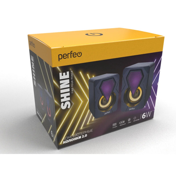 Актив.колонки 2.0 Perfeo SHINE 6Вт, питание от USB, LED подсветка, пластик, Black