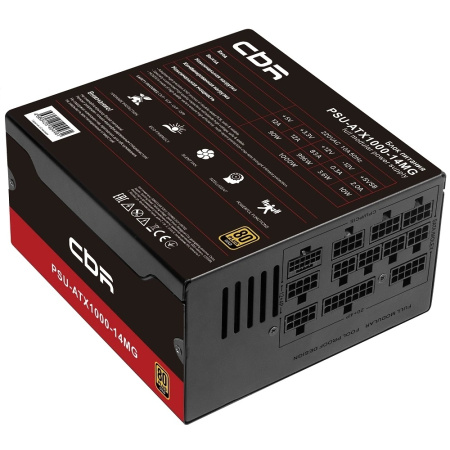 Блок питания 1000Вт CBR PSU-ATX1000-14MG (ATX 3.1,APFC,140мм,3PCI-E,16-pin (12V-2X6),PCI-E 5.1,3SATA,80+Gold,модульный)[PSU-ATX1000-14MG/14GM]