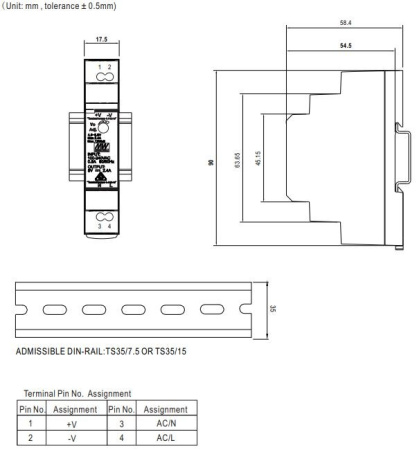 Блок питания на DIN рейку 12в,  1.25а, 17.5*90*54.5мм, Mean Well HDR-15-12