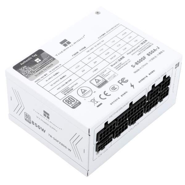 Блок питания 850W/ Power Supply Thermalright, 850W 80+ Gold (SFX, 3.1, PCIe 5.1, Full modular, 1x24(20+4)pin, 1xCPU 8(4+4)pin, 2xPCIe*2 8(6+2)pin, 1x12VHPWR PCIe 5.1 12+4pin 600mm, 3xSATA3, 3xMOLEX4pin, Active, 92x92mm, 100x125x64mm, APFC, OPP, OVP, OTP,