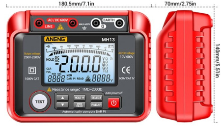 Измеритель сопротивления изоляции (мегаомметр) Aneng MH13, 1МОм..200ГОм, 250..2500в