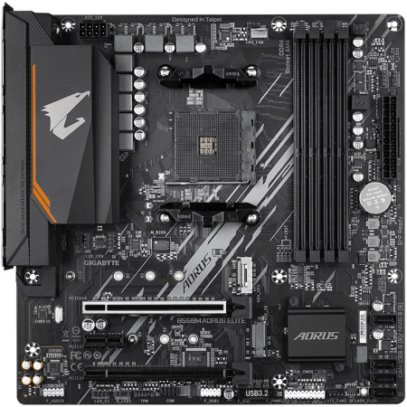 Мат.плата SocAM4 AMD B550 Gigabyte B550M AORUS ELITE (mATX,4DDR4,ECC/non-ECC,2M.2,2PCI-E16,PCI-E,DVI