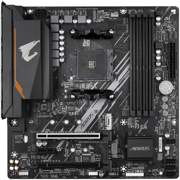 Мат.плата SocAM4 AMD B550 Gigabyte B550M AORUS ELITE (mATX,4DDR4,ECC/non-ECC,2M.2,2PCI-E16,PCI-E,DVI