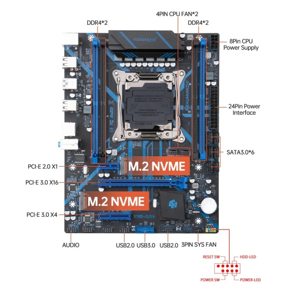 Мат.плата S2011V3 Huananzhi X99-QD4-3.0 с процессором Xeon E5-2670v3 (mATX,4DDR4,PCI-E,2M.2,PC2400)