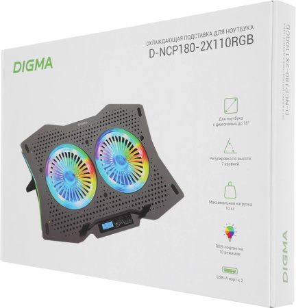 Подставка для ноутбука Digma D-NCP180-2x110RGB 18" 410x280x34мм 20дБ 2xUSB 2x 110ммFAN 700г Fan-control пластик ABS черный
