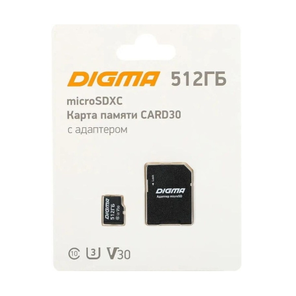Карта памяти microSDXC 512Gb Digma Class10 UHS-I U3 V30 [dgfca512a03](SD адаптер)90 МБ/с