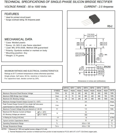 диодный мост RS207 (KBP10), 2A, 700V, 18*6.5*13mm, DC Components
